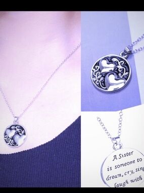 Silver necklace Sister Love 3d Heart Double Sided Neckace NWT